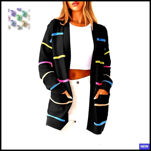 Sweaters - Lightweight Striped Cardigan Open Front Loose Fit Knit Sweater Casual Chic